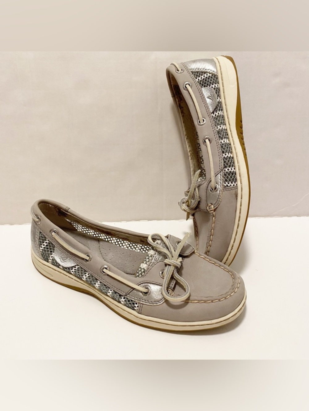 Sperry Top Sider Women’s Gray Leather stripes Breton Angelfish boat Shoes 6.5